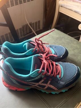 ASICS women Blue & Teal Athletic Shoes with Pink Laces